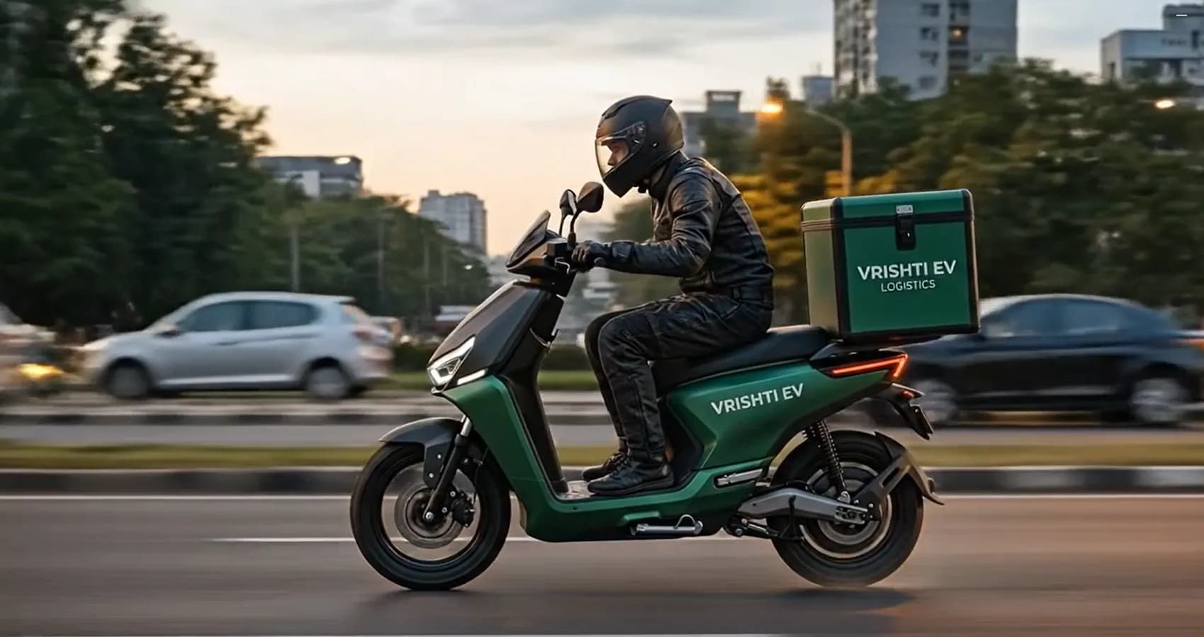 Vrishti EV delivery rider in action across the city at dusk