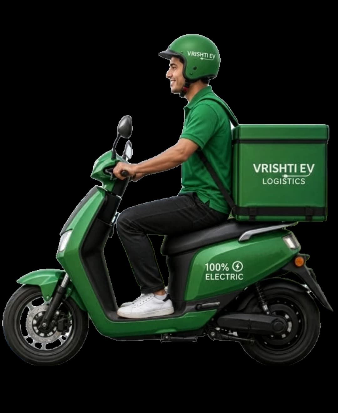 Vrishti EV branded delivery rider — smiling, helmeted, 100% electric